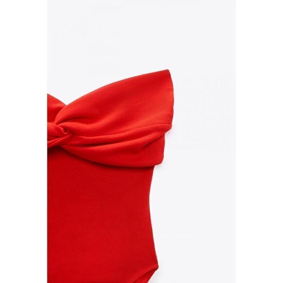 NWT Zara Sweetheart Neckline Off-the-Shoulder Bodysuit with Knot in Red, Small - Picture 9 of 14
